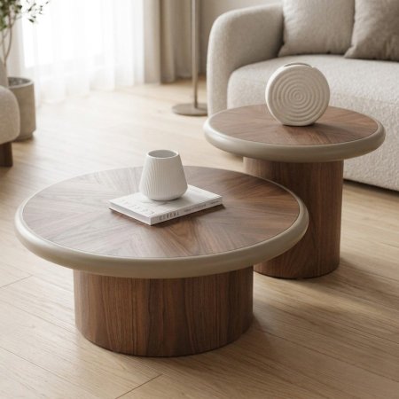 طقم طاولات وسط بأسطح خشبية دائرية وقواعد أسطوانية متداخلة وحواف ناعمة